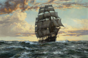 A painting of a large sailing ship out on the ocean with a sunset behind it.