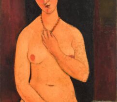 A portrait of a nude woman sitting upright in bed covering herself.