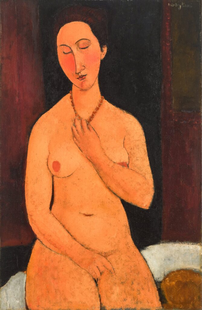 A portrait of a nude woman sitting upright in bed covering herself.