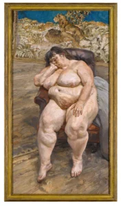 A portrait of a large, nude woman sleeping in a leather chair with a carpet hanging in the background.