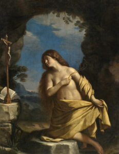 A painting of Mary Magdalene kneeling in front of a crucifix with a whip in her hand ready to strike herself.