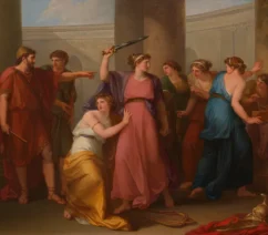 An 18th century history painting showing Achilles disguised as a woman revealing his identity after picking up a sword.