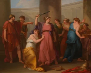 An 18th century history painting showing Achilles disguised as a woman revealing his identity after picking up a sword.