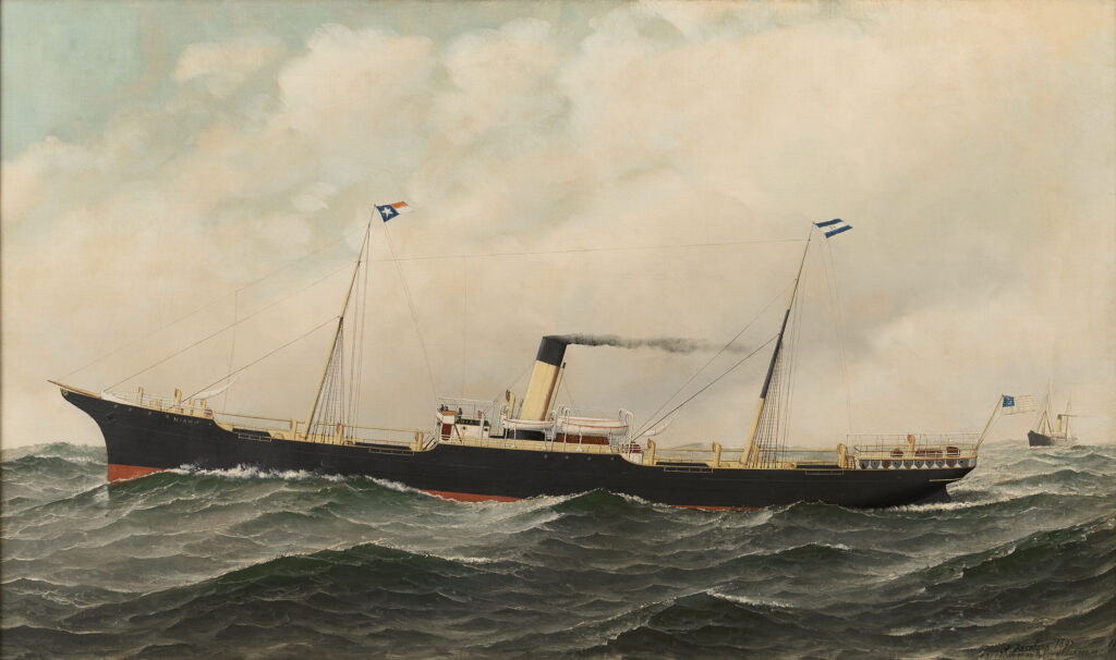 A painting of a large late 19th century cargo steamship by Antonio Jacobsen