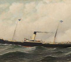 A painting of a large late 19th century cargo steamship by Antonio Jacobsen