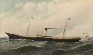 A painting of a large late 19th century cargo steamship by Antonio Jacobsen
