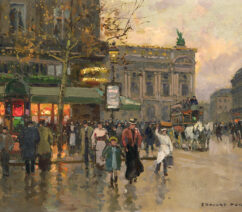 An impressionistic Paris street scene showing the city opera and the Café de la Paix