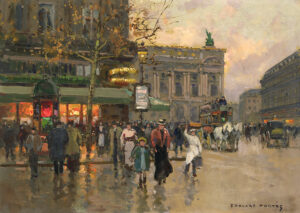 An impressionistic Paris street scene showing the city opera and the Café de la Paix