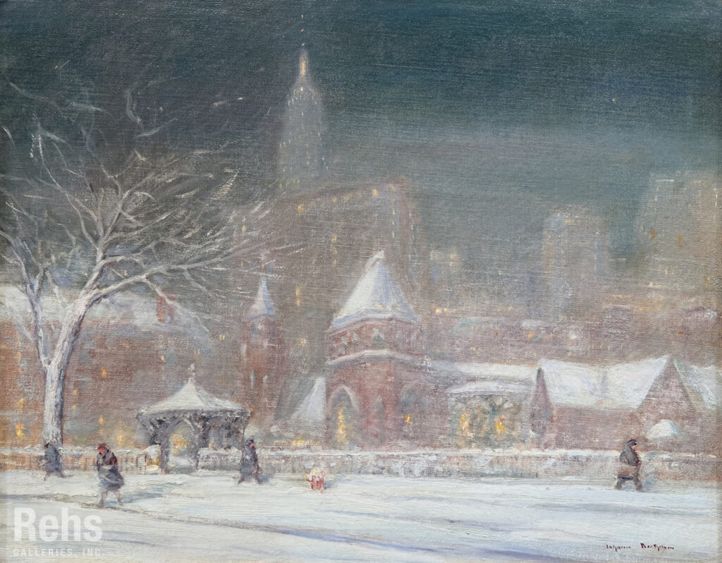 A view of a church in Manhattan during the winter, with the Empire State Building rising in the background.