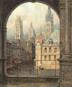 An early 20th century street scene painting of Rouen, France.