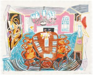 A lithograph of a colorful dining room