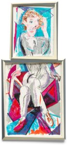 A cubist portrait of a man in a pinstripe suit spread out over two, differently-sized sheets of paper.