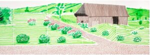 A bright drawing of a road cutting through green fields and an old wooden house at the side.