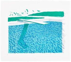 A lithograph of a swimming pool, with a series of small blue and green lines comprising the water.