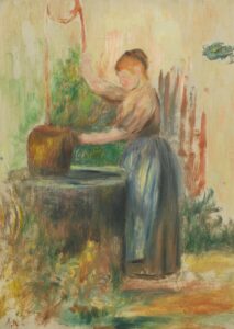 An oil paint study of a young woman drawing water from a well.