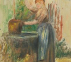 An oil paint study of a young woman drawing water from a well.