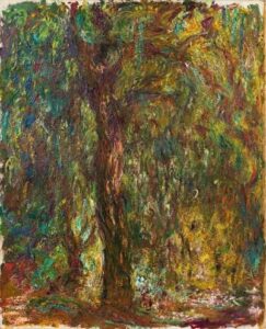 An Impressionist painting of a willow tree in green, brown, red, and yellow.