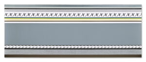 A long, mostly-gray painting with a yellow pattern along the top.