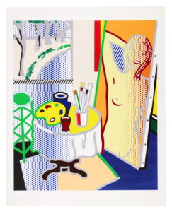 A stylized, graphic interior of a small table with art supplies and a painting of a nude woman.
