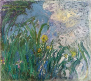 A floral painting by Claude of irises against a blue background of either sky or water.