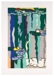 A painting of water lilies on a pond of black, white, and teal patterns.