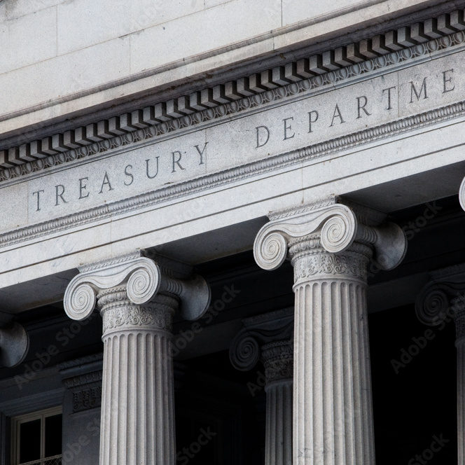 The facade of the US Treasury building