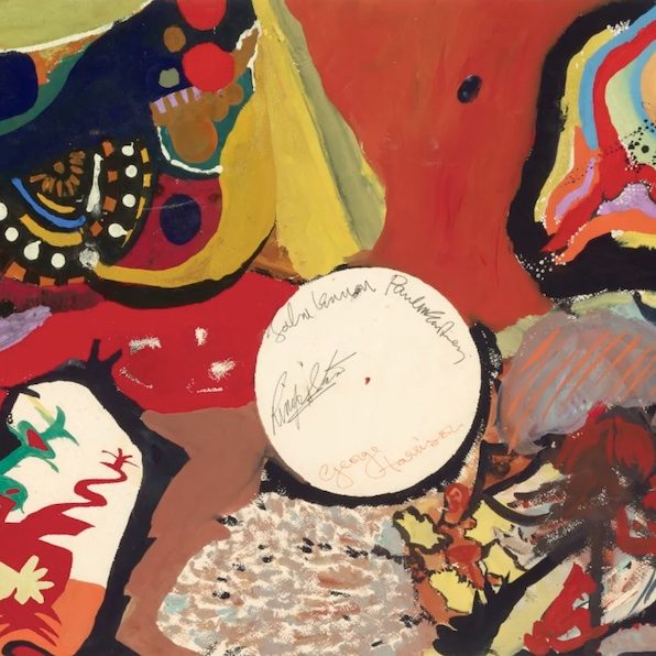 An abstract painting on paper, mostly in warm colors, with a large blank circle in the middle containing signatures.
