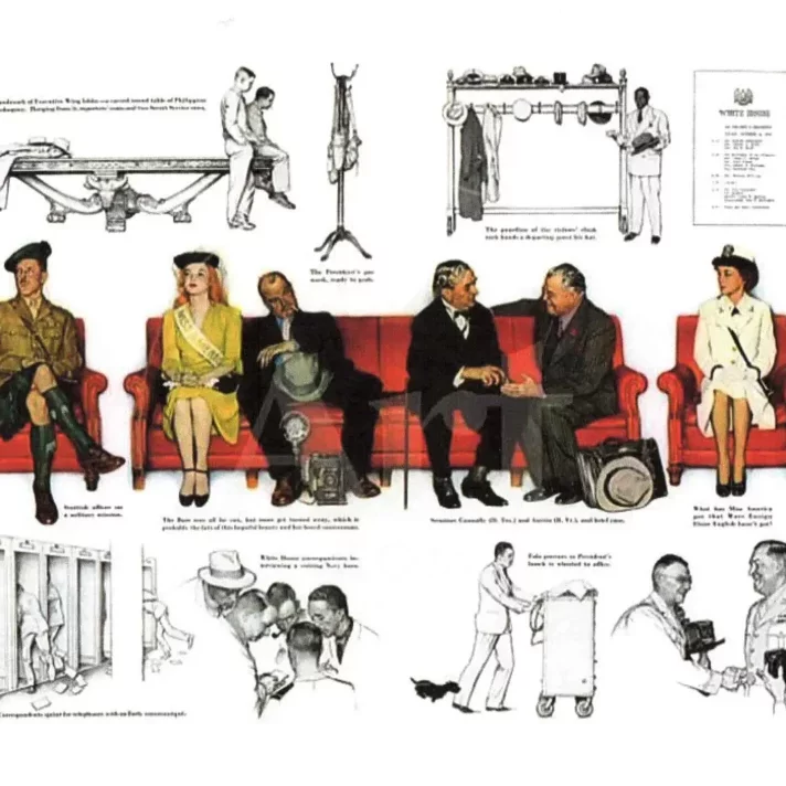An illustration showing a group of people waiting on red couches and chairs, including multiple men in suits, a British officer in a kilt, and a red-headed woman in a yellow dress and a sash reading "Miss America". The illustration is Norman Rockwell's depiction of people waiting for an meeting with president Franklin D. Roosevelt.