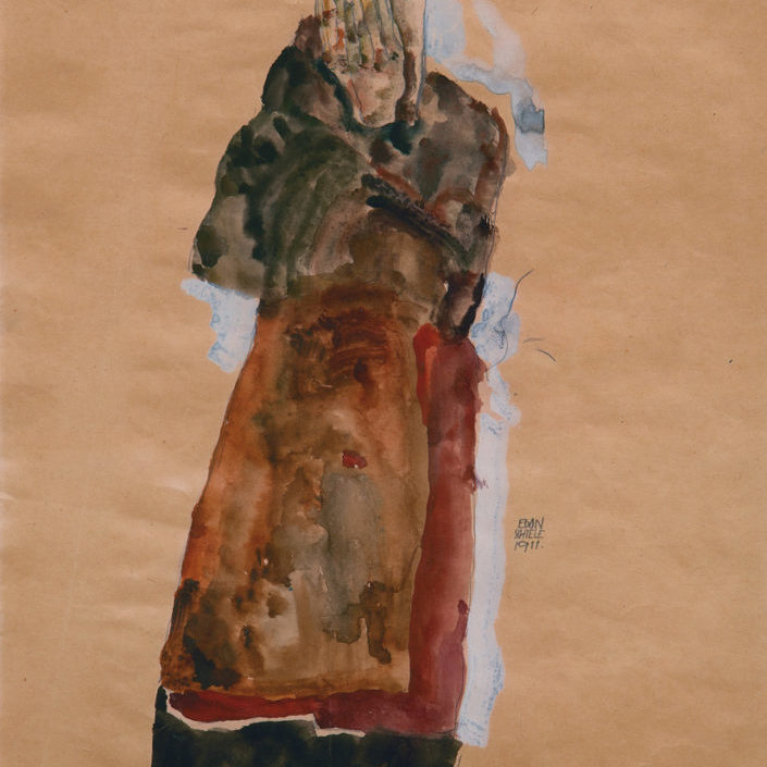 An Egon Schiele watercolor and gouache painting of a thin woman in muted tones with both hands covering her face.