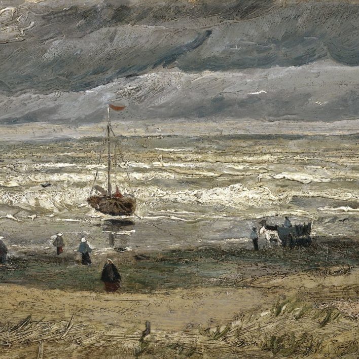 a beach scene with figures and boats