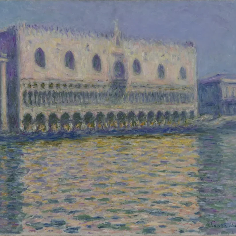 A painting by Claude Monet showing the facade of the Palazzo Ducale, or the Doge's Palace in Venice facing the Grand Canal.