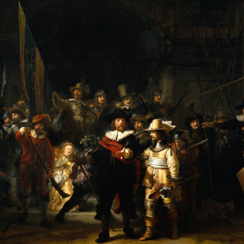 Rembrandt's masterpiece The Night Watch, showing a group portrait of militiamen in uniform with their weapons against a darkened background.