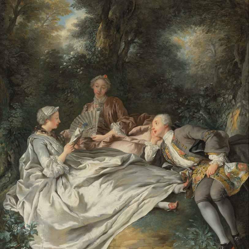A scene of forrest grove where a pair of ladies and a man in mid-eighteenth century dress lounge in the grass. One of the ladies is reading from a book, presumably aloud to her companions.