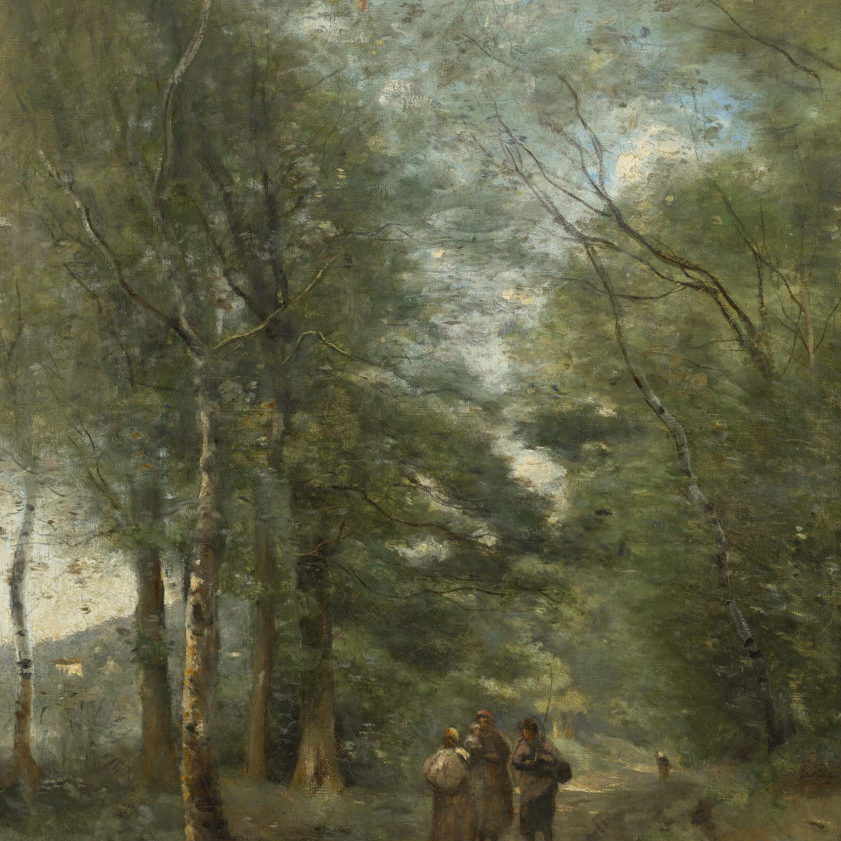 Ville d'Avray.Paysans causant sur le chemin longeant L'étang by Jean-Baptiste-Camille Corot, sold at Christie's London