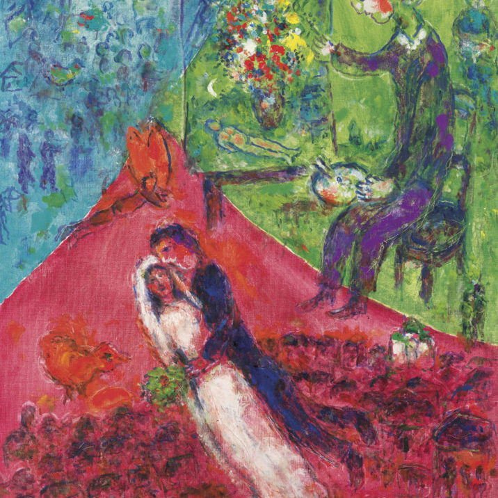 A painting by Marc Chagall sold at Christie's London showing a married couple and a painter among three colors