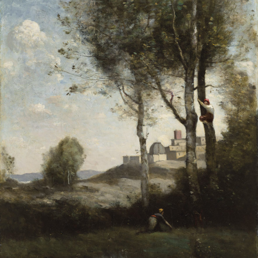 A landscape of the Italian town of Volterra in Tuscany, with a group of boys climbing a tree, done by Jean-Baptiste-Camille Corot, sold at Christie's