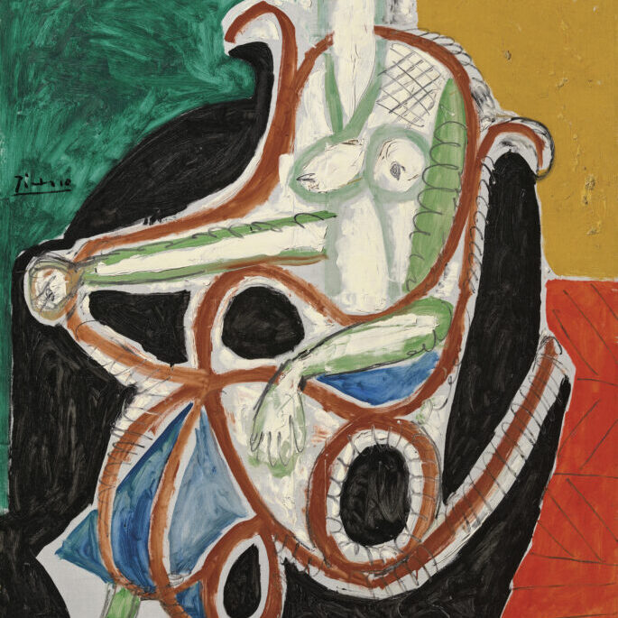 An abstract portrait of a nude woman in a rocking chair.