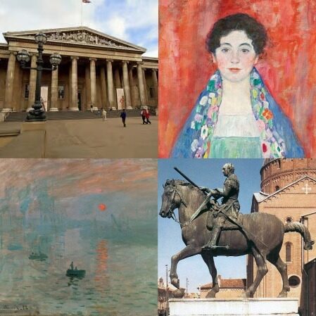 A combination of 4 images (clockwise from the top left): the British Museum entrance, Gustav Klimt's Portrait of Fräulein Lieser, Donatello's equestrian statue of Gattamelata, and Claude Monet's Impression, Soleil Levant