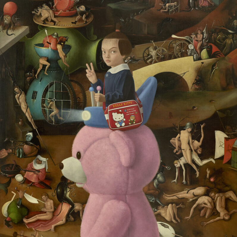 A detail from Hieronymous Bosch's painting The Last Judgment, but with a little girl riding a pink teddy bear passing by.