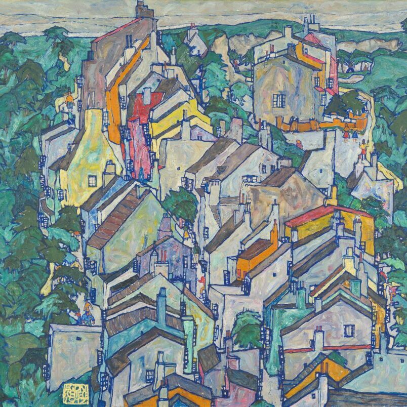 A painting of a group of houses in a town surrounded by trees and greenery.