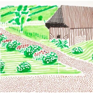 A bright drawing of a road cutting through green fields and an old wooden house at the side.