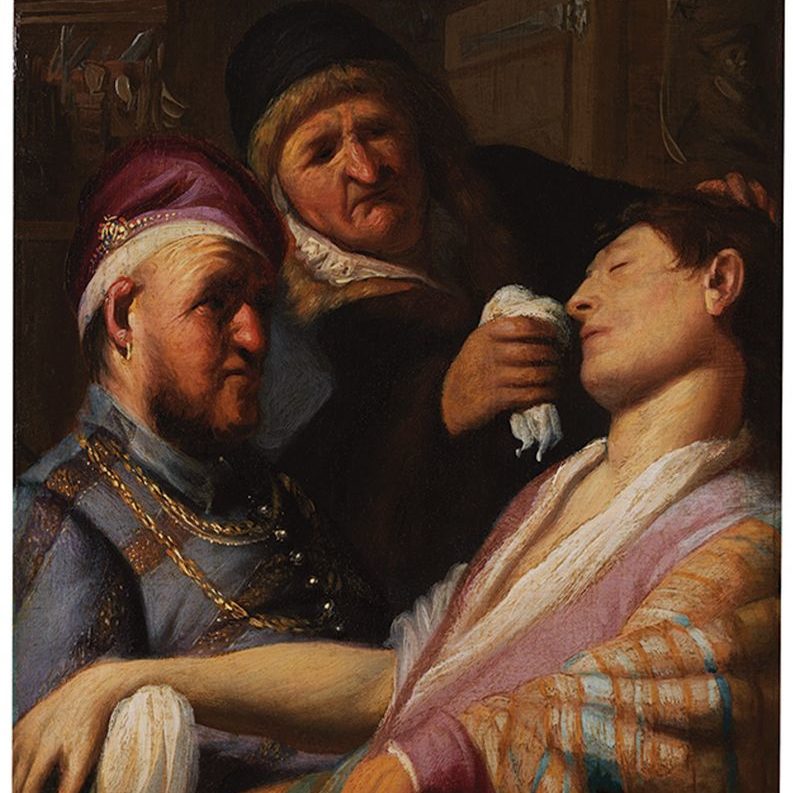 Unconscious Patient (Allegory of Smell)
Rembrandt van Rijn (Leiden 1606 – 1669 Amsterdam)
date ca. 1624–25, medium, oil on panel, inset into an eighteenth-century panel, dimensions 31.75 x 25.4 cm
Courtesy: The Leiden Collection