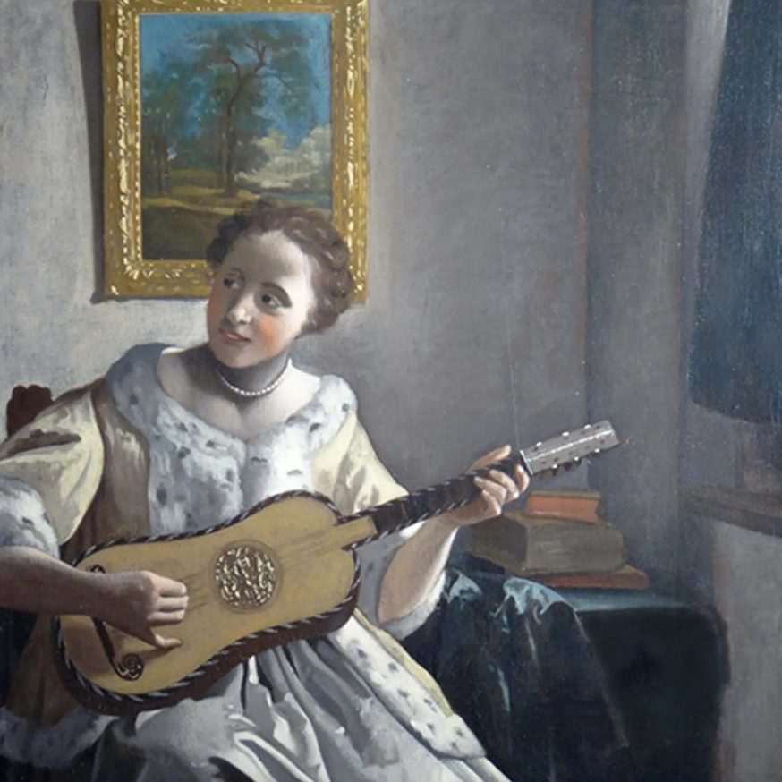 A painting of a woman in an ermine-lined dress with her hair tied back playing guitar in a furnished, white-walled room.