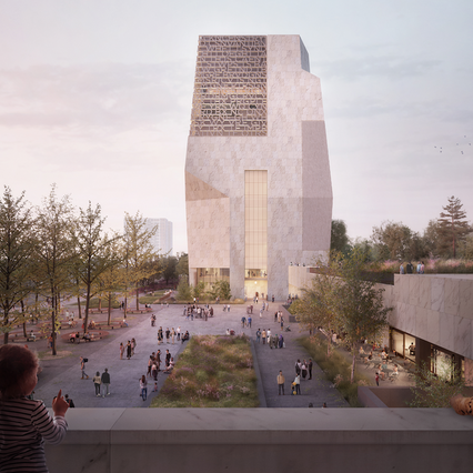 A 3d rendering of a large white building.
