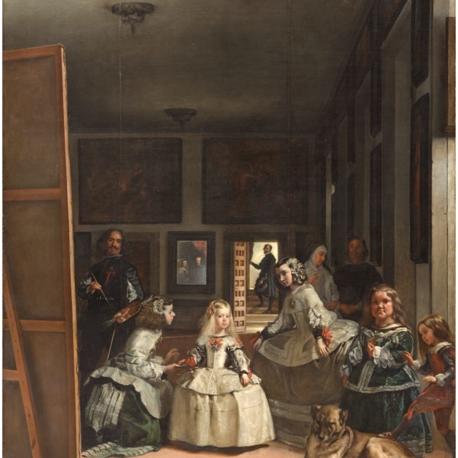 A group of young girls in wide seventeenth-century dresses and skirts. Off to the left, the artist has painted himself peering out from behind a canvas and an easel with a paintbrush and a palette. On the far wall, a mirror shows that you are seeing this from the view of the King and Queen of Spain sitting for their portrait while your daughter and her handmaidens look on.