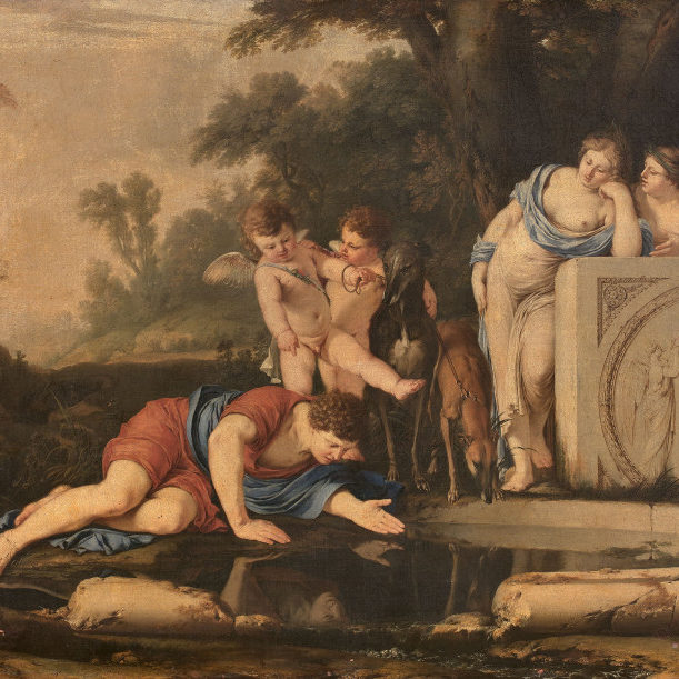 A Baroque neoclassical painting of Narcissus gazing at his own reflection in a pond, with other figures looking on
