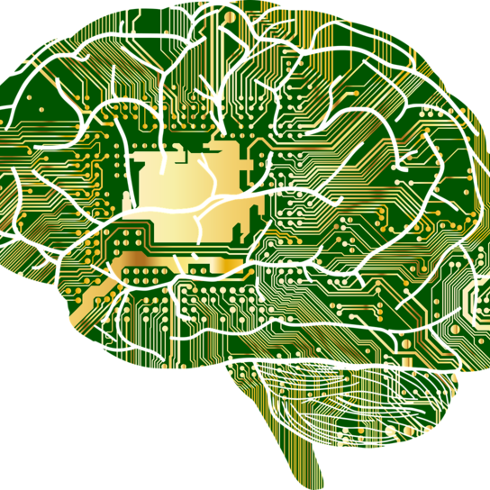 The shape of a human brain with a circuitboard image within