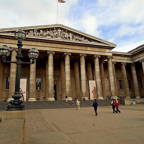 The exterior facade of the British Museum in London.