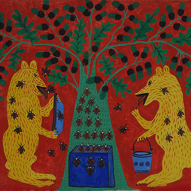 A naive-style painting of bears collecting honey from an apiary