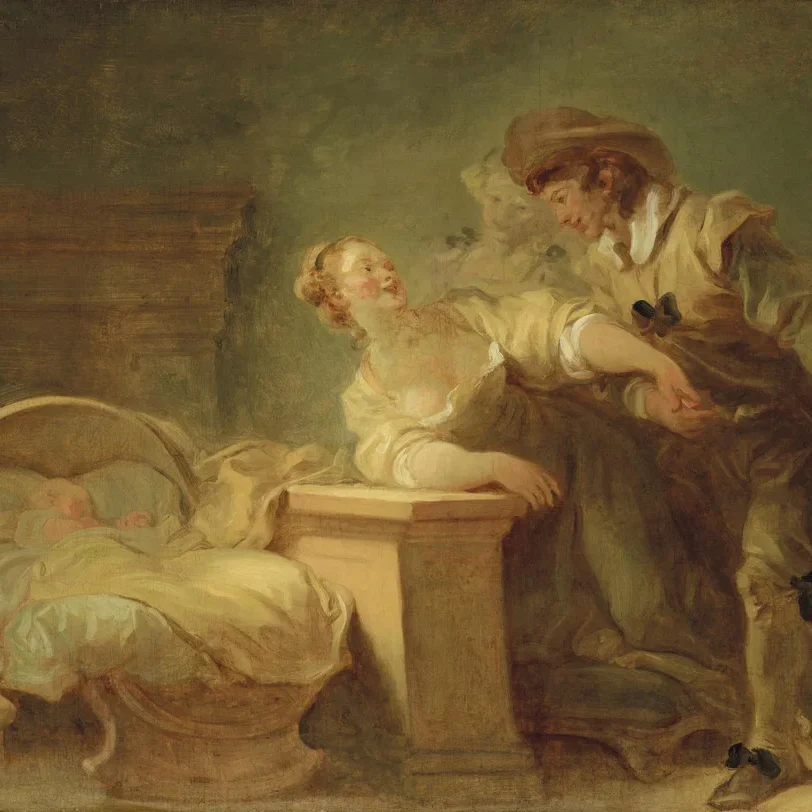 A painting of a couple admiring a newborn in a cradle.